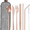 House Of Husk Reisbestek - Reis Bestekset - Chopsticks - Metalen Rietjes Met Borstel - Lepel - Vaatwasserbestendig - RVS - 7 Delig - Rose Goud