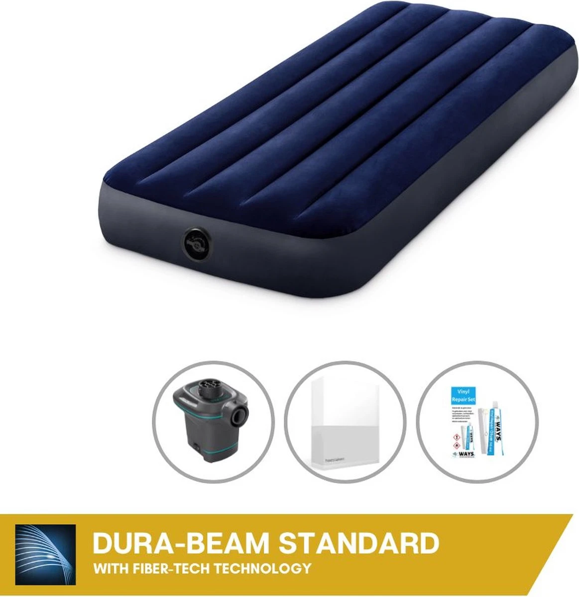 Intex Luchtbedset Intex Luchtbed - 1-Persoons - 76 X 191 X 25 Cm - Blauw + Intex Elektrische Pomp - 650 Liter/min + Hoeslaken Wit + Reparatieset 1 Intex Luchtbedset Intex Luchtbed - 1-Persoons - 76 X 191 X 25 Cm - Blauw + Intex Elektrische Pomp - 650 Liter/min + Hoeslaken Wit + Reparatieset