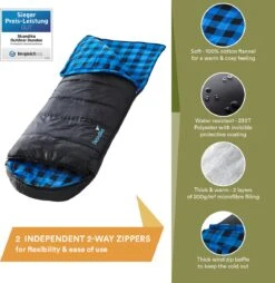 Skandika Dundee Flannel-L Slaapzak – Mummmieslaapzakken – Slaapzakken Volwassen - Maat M – Unisex - Katoen, Luxe Kwaliteit, Dubbele Slaapzak, 3 Seizoenen, Tot -20°C - 220 X 80 Cm - Outdoor Kampeerslaapzak – Ritssluiting Links - Zwart/blauw -Bo-Camp Winkel 1168x1200 1