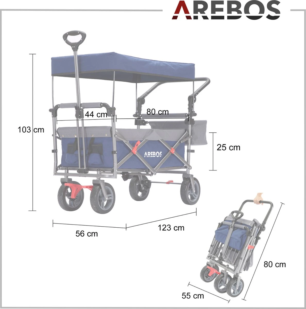 AREBOS Premium Steekwagen Met Dak Opvouwbare Tuinkar Handkar Bolderkar Blauw / Grijs 6 AREBOS Premium Steekwagen Met Dak Opvouwbare Tuinkar Handkar Bolderkar Blauw / Grijs - Afbeelding 6