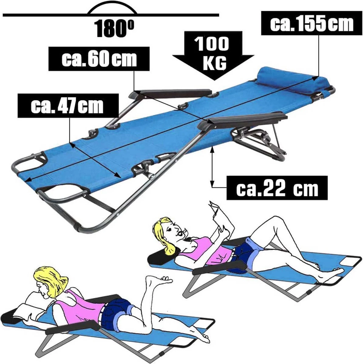 Ligstoel Opvouwbaar 155x60cm - Lichte Ligbed Relaxstoel Tuinstoel Campingstoel Strandstoel 12 Ligstoel Opvouwbaar 155x60cm - Lichte Ligbed Relaxstoel Tuinstoel Campingstoel Strandstoel - Afbeelding 12