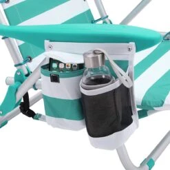 Strandstoel Met Afneembare Hoofdsteun, Draagbare Klapstoel, Campingstoel, Rugleuning Tot 180° Verstelbaar, Met Bekerhouder En Zijvak, Groene En Witte Strepen GCB62JW -Bo-Camp Winkel 1199x1200