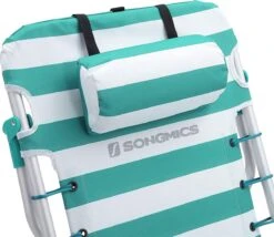 Strandstoel Met Afneembare Hoofdsteun, Draagbare Klapstoel, Campingstoel, Rugleuning Tot 180° Verstelbaar, Met Bekerhouder En Zijvak, Groene En Witte Strepen GCB62JW -Bo-Camp Winkel 1200x1038