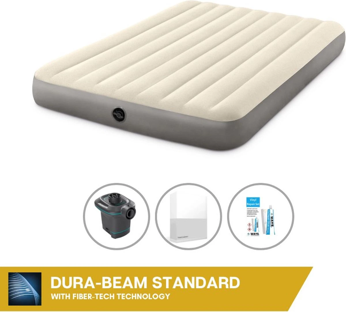 Intex Luchtbedset Intex Luchtbed - 2-Persoons - 152 X 203 X 25 Cm - Beige + Intex Elektrische Pomp - 650 Liter/min + Hoeslaken Wit + Reparatieset 1 Intex Luchtbedset Intex Luchtbed - 2-Persoons - 152 X 203 X 25 Cm - Beige + Intex Elektrische Pomp - 650 Liter/min + Hoeslaken Wit + Reparatieset