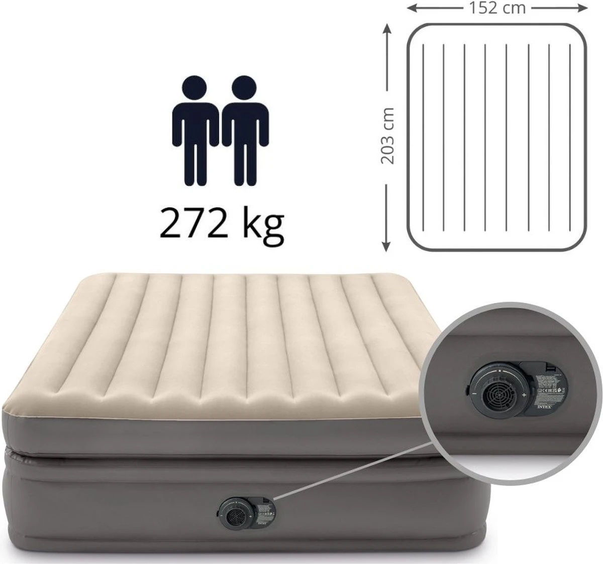 Intex Prime Comfort - Luchtbed - 2-Persoons - 152x203x51 Cm (BxLxH) - Grijs - Met Ingebouwde Motorpomp 5 Intex Prime Comfort - Luchtbed - 2-Persoons - 152x203x51 Cm (BxLxH) - Grijs - Met Ingebouwde Motorpomp - Afbeelding 5