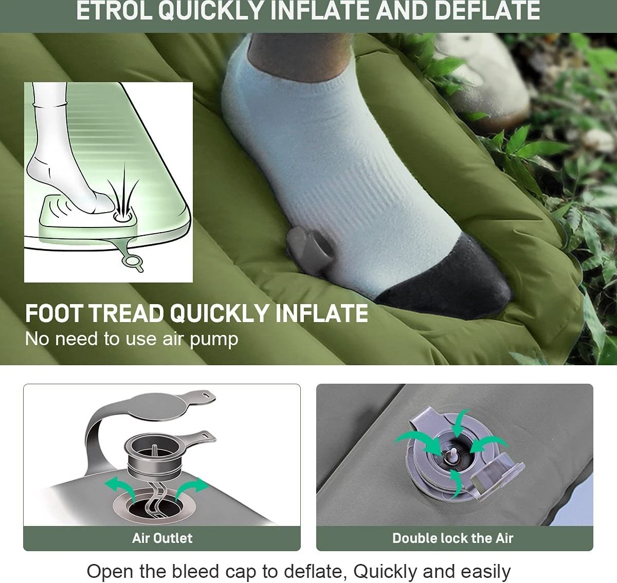 ETROL Camping Slaapmat-2-in-1 Zelfopblazende Kampeermat Met Kussen (78"x 28"), Lichtgewicht, Dik 4"compact Kussen, Geschikt Voor Zelfrijdende Reizen, Lekvrije, Waterdichte Tent 6 ETROL Camping Slaapmat-2-in-1 Zelfopblazende Kampeermat Met Kussen (78"x 28"), Lichtgewicht, Dik 4"compact Kussen, Geschikt Voor Zelfrijdende Reizen, Lekvrije, Waterdichte Tent - Afbeelding 6