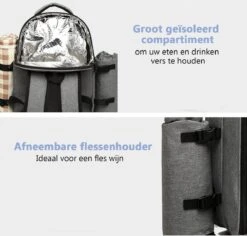 Kono Koeltas - Koelrugzak - Picknick - Picknicktas Met Flessenhouder - Koelrugtas Met Picknickkleed - Grijs (E6915 GY) -Bo-Camp Winkel 1200x1145