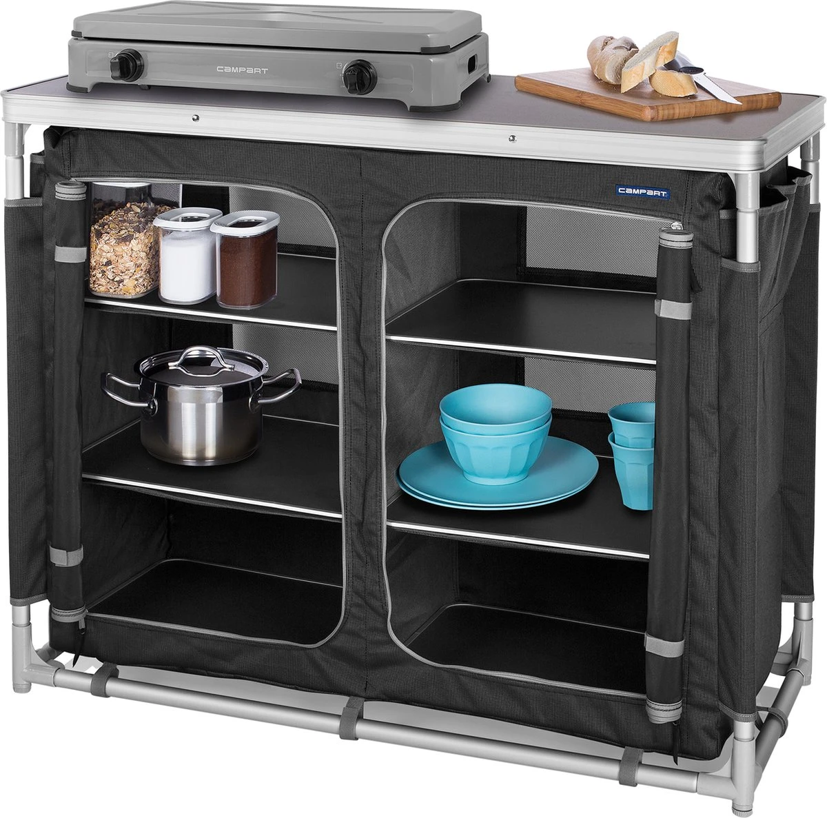 Campart Campingkeuken KI-0734 - Campingkast Groot - 4 Verstelbare Poten - Opvouwbaar En Lichtgewicht - Inclusief Opbergtas - Grijs 1 Campart Campingkeuken KI-0734 - Campingkast Groot - 4 Verstelbare Poten - Opvouwbaar En Lichtgewicht - Inclusief Opbergtas - Grijs