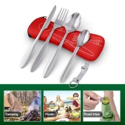 Roestvrij Staal Bestek (kampeerset) – Draagbare Reislepels, -vork En -mes Voor Festivals, Camping Of Trektochten - Wordt Geleverd Met Een Neopreen Draagtasje Met Een Lichtgewicht Flesopener -Bo-Camp Winkel 1200x1200 1201