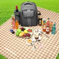 Kono Koeltas - Koelrugzak - Picknick - Picknicktas Met Flessenhouder - Koelrugtas Met Picknickkleed - Grijs (E6915 GY) -Bo-Camp Winkel 1200x1200 439