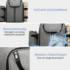 Kono Koeltas - Koelrugzak - Picknick - Picknicktas Met Flessenhouder - Koelrugtas Met Picknickkleed - Grijs (E6915 GY) -Bo-Camp Winkel 1200x1200 441