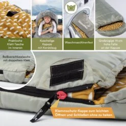 Skandika Dundee Flannel-R Slaapzak – Slaapzakken – Slaapzakken Volwassen - Maat M – Unisex - Katoen, Luxe Kwaliteit, Dubbele Slaapzak, 3 Seizoenen, Tot -20°C - 220 X 80 Cm - Outdoor Kampeerslaapzak – Ritssluiting Rechts - Grijs/geel -Bo-Camp Winkel 1200x1200 718