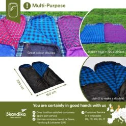 Skandika Dundee Flannel-L Slaapzak – Mummmieslaapzakken – Slaapzakken Volwassen - Maat M – Unisex - Katoen, Luxe Kwaliteit, Dubbele Slaapzak, 3 Seizoenen, Tot -20°C - 220 X 80 Cm - Outdoor Kampeerslaapzak – Ritssluiting Links - Zwart/blauw -Bo-Camp Winkel 1200x1200 725