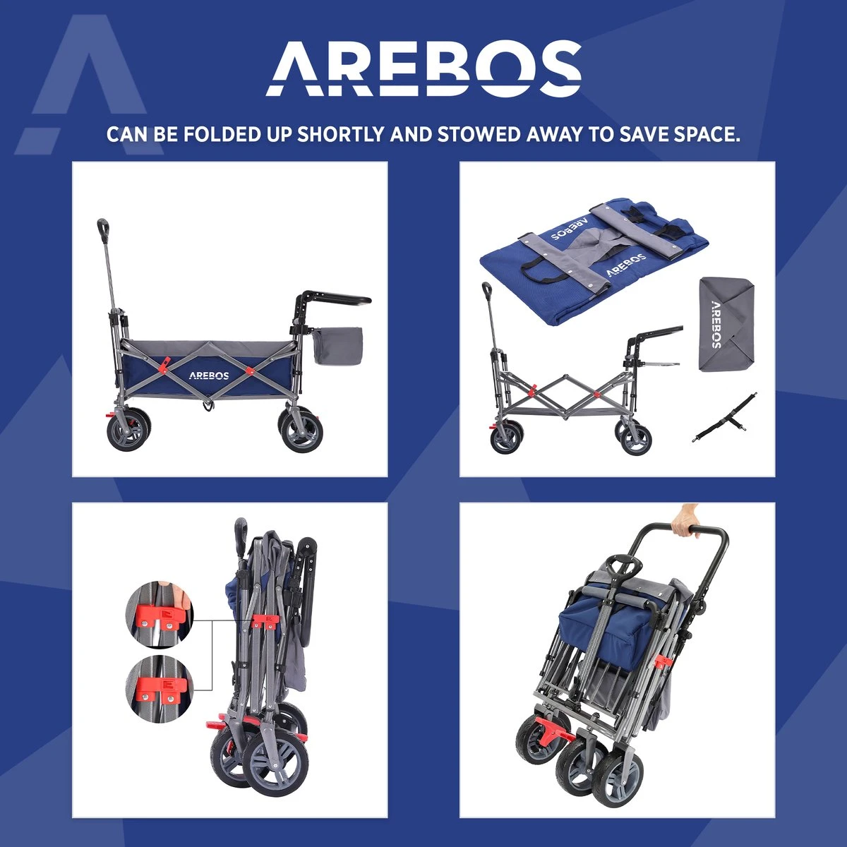 AREBOS Premium Steekwagen Met Dak Opvouwbare Tuinkar Handkar Bolderkar Blauw / Grijs 9 AREBOS Premium Steekwagen Met Dak Opvouwbare Tuinkar Handkar Bolderkar Blauw / Grijs - Afbeelding 9